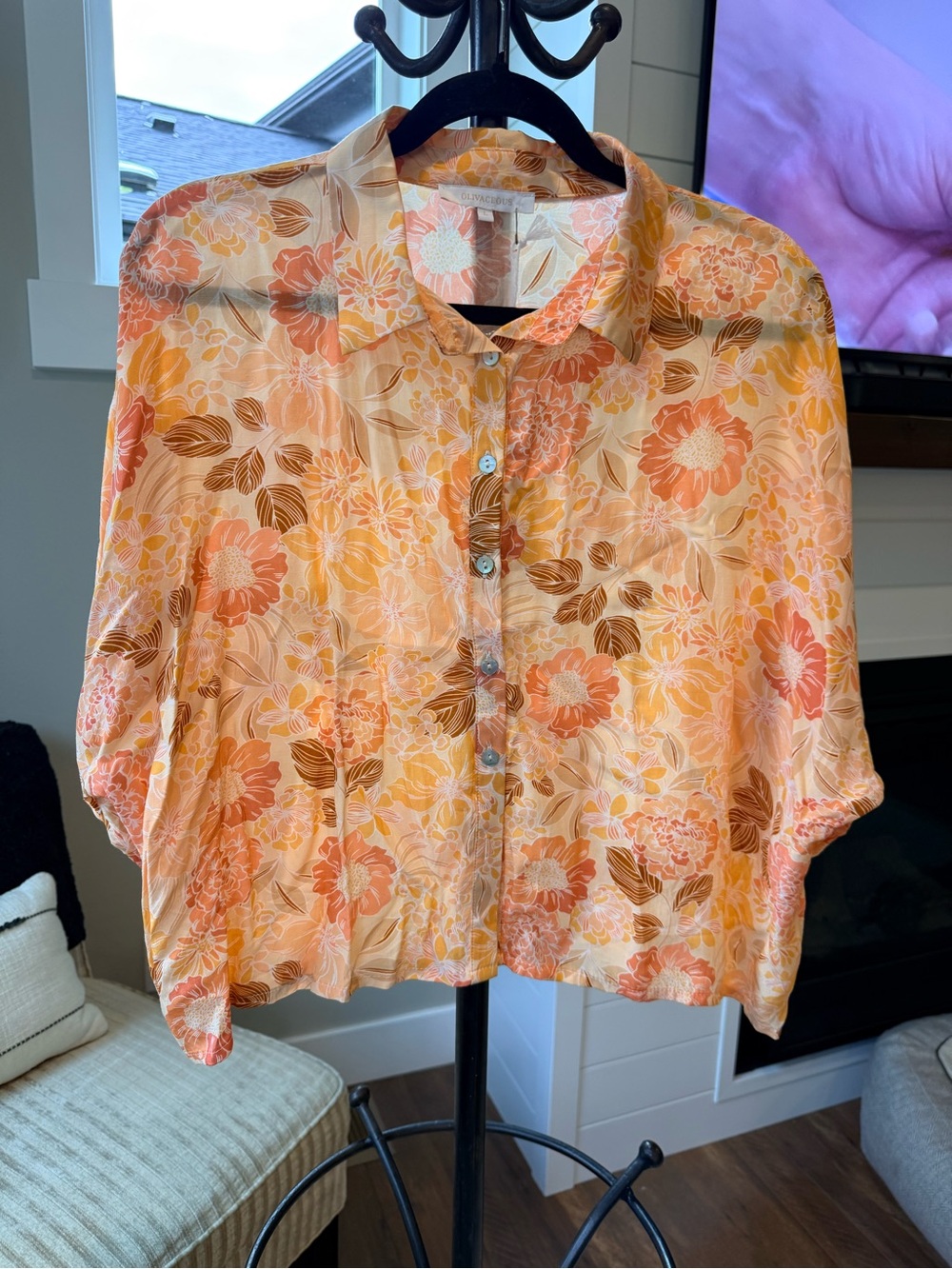 Olivaceous Peach and Coral Floral Button-Down Shirt NWT